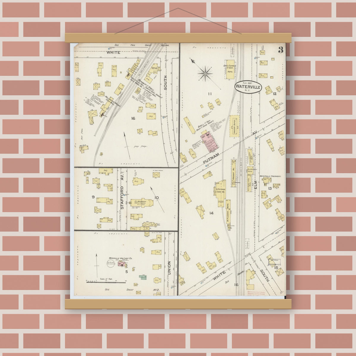 Old map wall art mockup — magnetic wood frame on brick wall — Sanborn Fire Insurance Map from Waterville, Oneida County, New York (1887), Sheet #0003