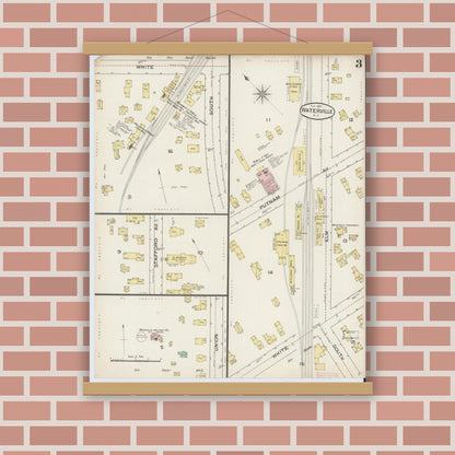 Old map wall art mockup — magnetic wood frame on brick wall — Sanborn Fire Insurance Map from Waterville, Oneida County, New York (1887), Sheet #0003