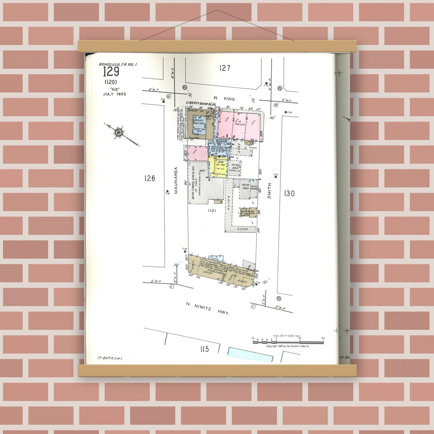 Old map wall art mockup — magnetic wood frame on brick wall — Sanborn Fire Insurance Map from Honolulu, Oahu County, Hawaii (1955), Sheet #0129