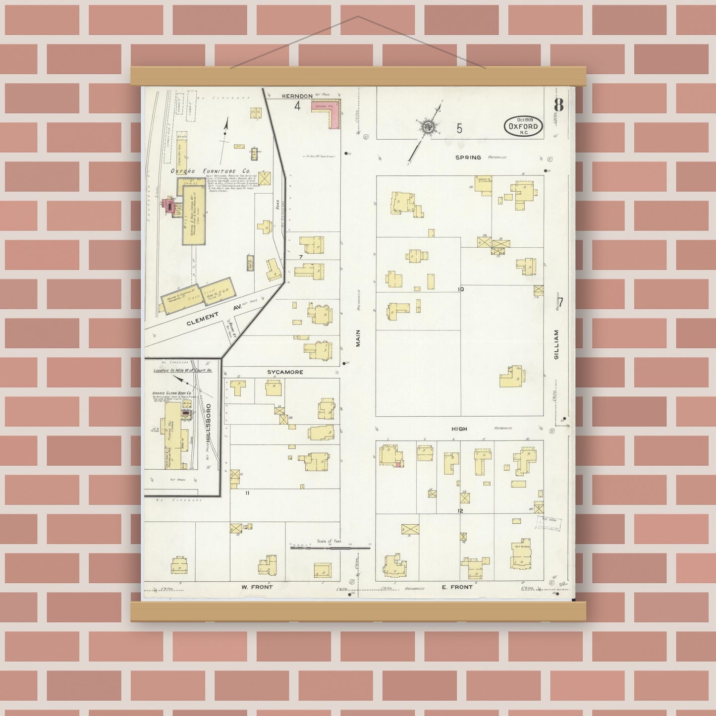 Old map wall art mockup — magnetic wood frame on brick wall — Sanborn Fire Insurance Map from Oxford, Granville County, North Carolina (1909), Sheet #0008