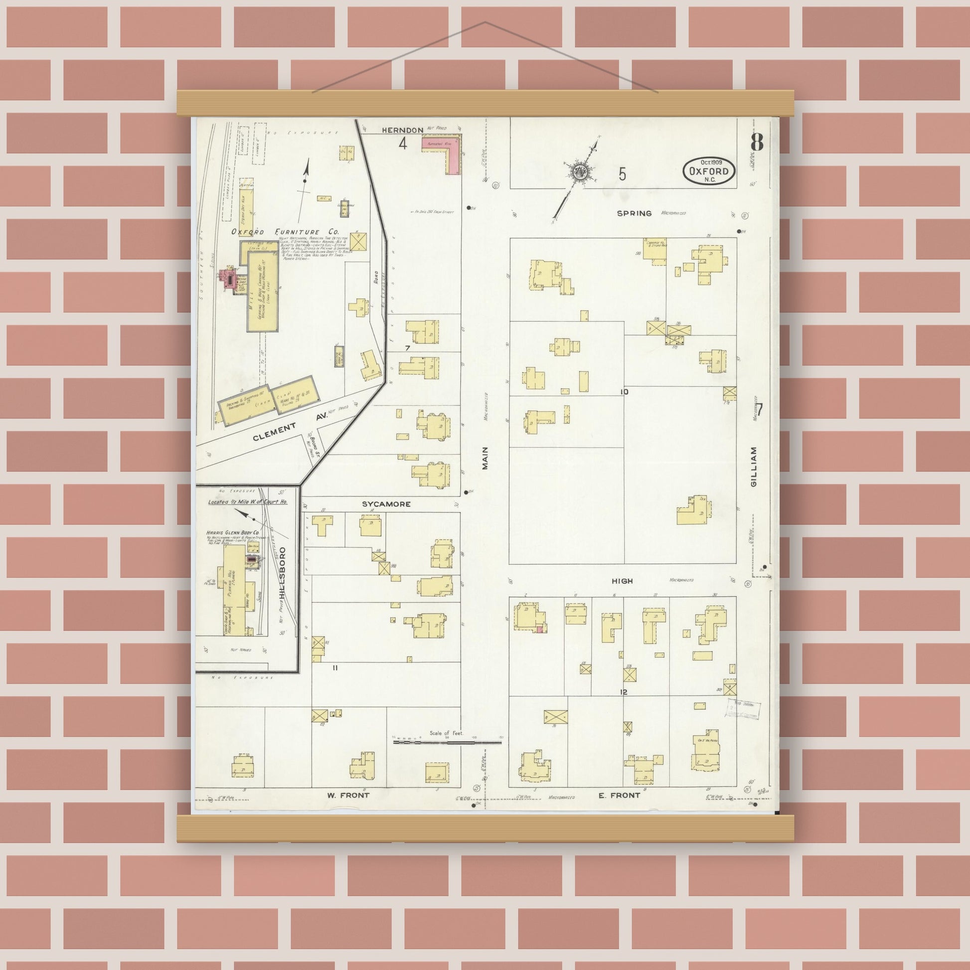 Old map wall art mockup — magnetic wood frame on brick wall — Sanborn Fire Insurance Map from Oxford, Granville County, North Carolina (1909), Sheet #0008