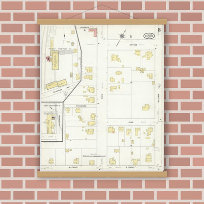 Old map wall art mockup — magnetic wood frame on brick wall — Sanborn Fire Insurance Map from Oxford, Granville County, North Carolina (1909), Sheet #0008
