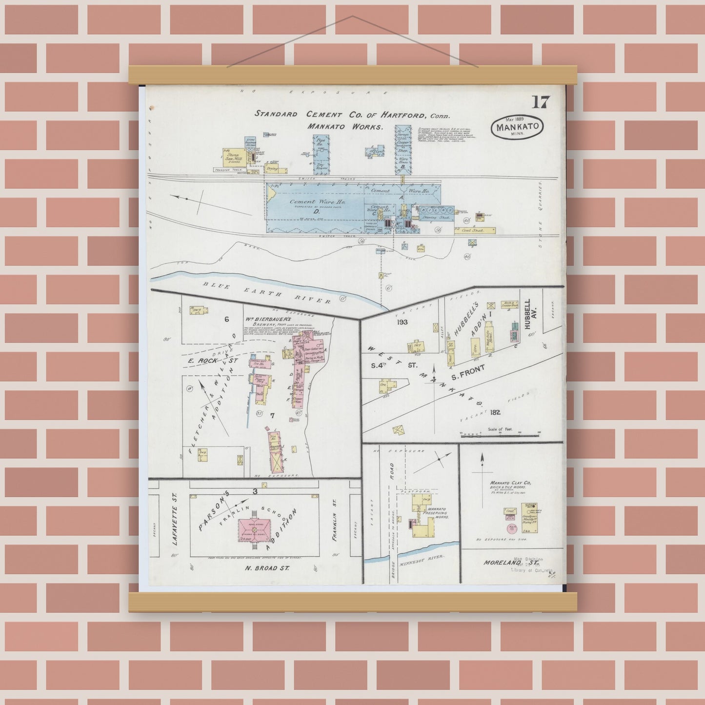 Old map wall art mockup — magnetic wood frame on brick wall — Sanborn Fire Insurance Map from Mankato, Blue Earth County, Minnesota (1889), Sheet #0017