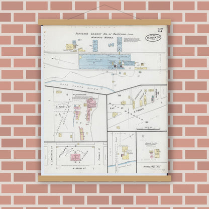Old map wall art mockup — magnetic wood frame on brick wall — Sanborn Fire Insurance Map from Mankato, Blue Earth County, Minnesota (1889), Sheet #0017