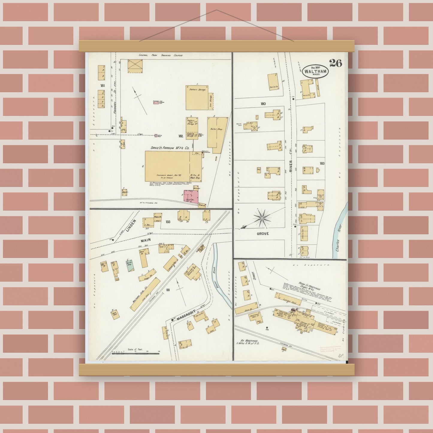 Old map wall art mockup — magnetic wood frame on brick wall — Sanborn Fire Insurance Map from Waltham, Middlesex County, Massachusetts (1897), Sheet #0026
