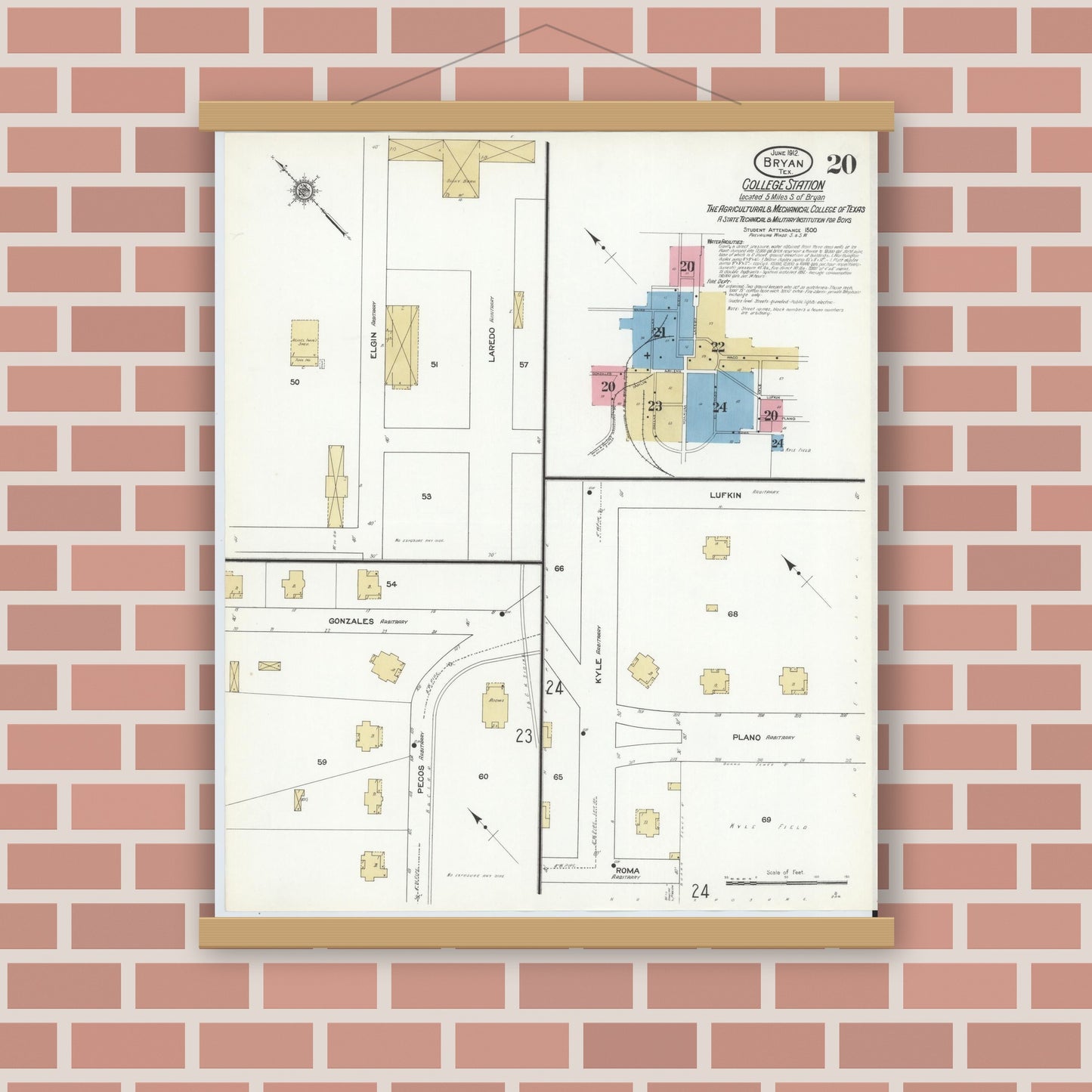 Old map wall art mockup — magnetic wood frame on brick wall — Sanborn Fire Insurance Map from Bryan, Brazos County, Texas (1912), Sheet #0020