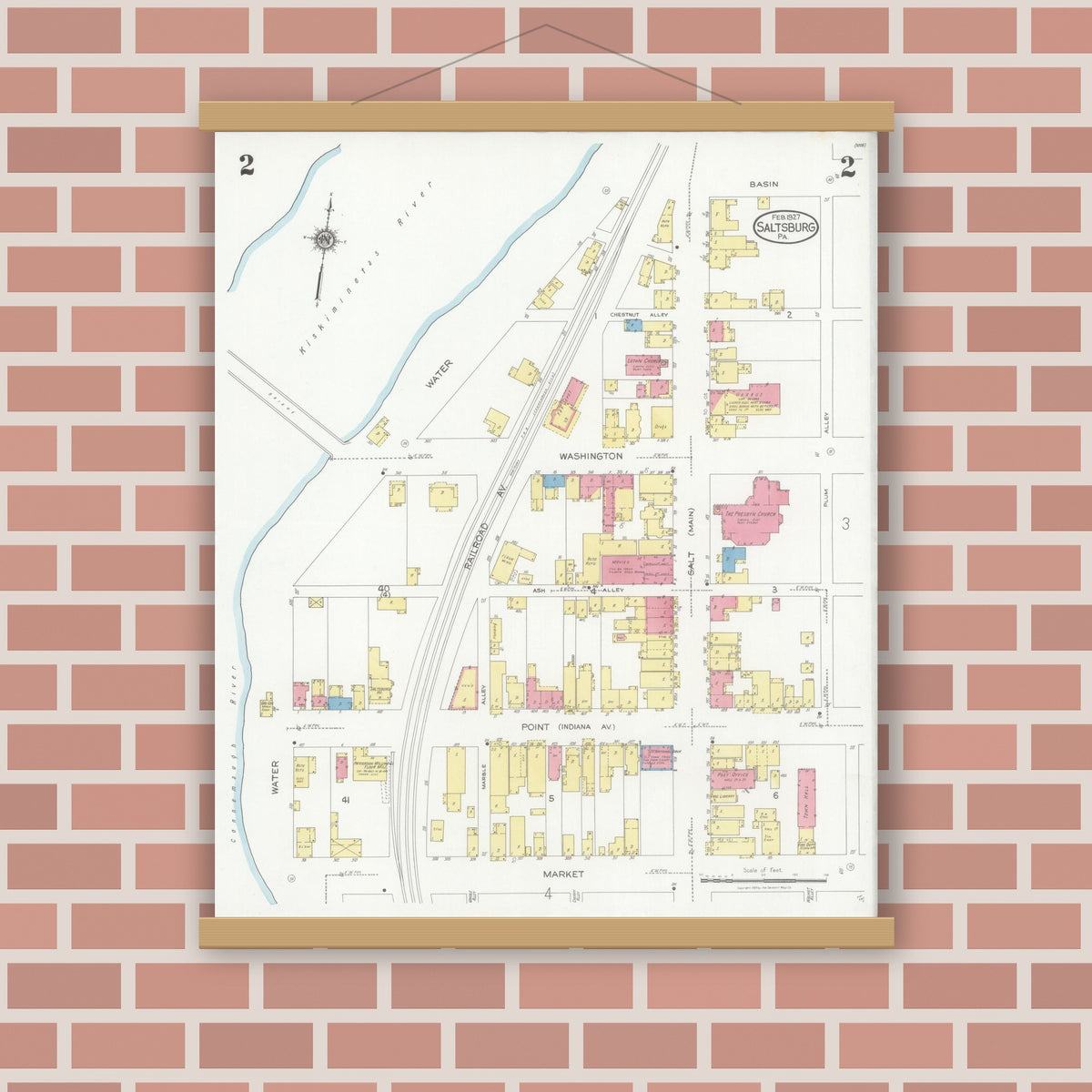 Old map wall art mockup — magnetic wood frame on brick wall — Sanborn Fire Insurance Map from Saltsburg, Indiana County, Pennsylvania (1927), Sheet #0002