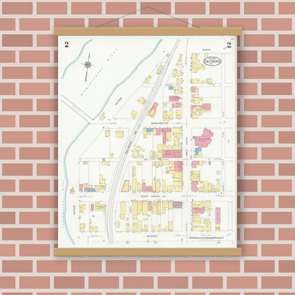 Old map wall art mockup — magnetic wood frame on brick wall — Sanborn Fire Insurance Map from Saltsburg, Indiana County, Pennsylvania (1927), Sheet #0002