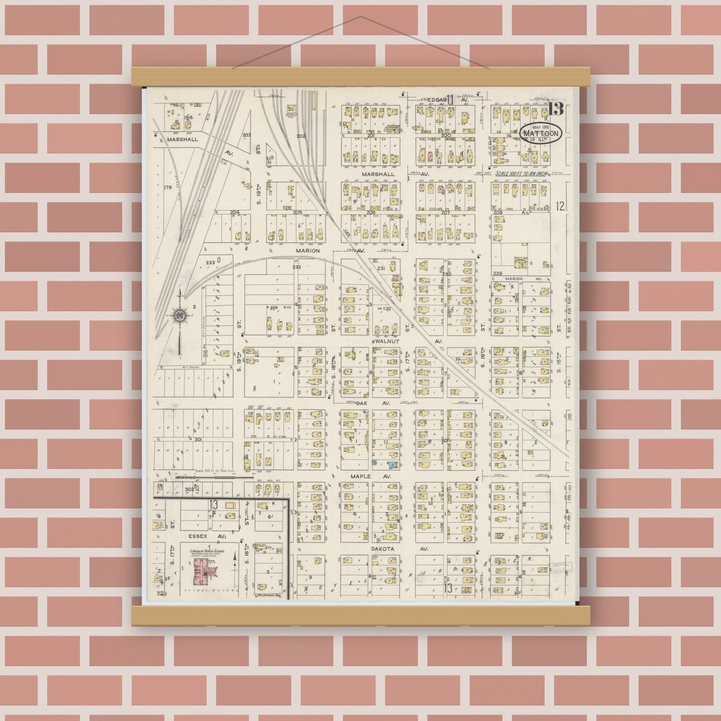 Old map wall art mockup — magnetic wood frame on brick wall — Sanborn Fire Insurance Map from Mattoon, Coles County, Illinois (1915), Sheet #0013