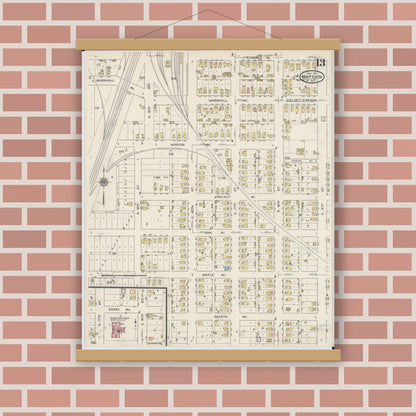 Old map wall art mockup — magnetic wood frame on brick wall — Sanborn Fire Insurance Map from Mattoon, Coles County, Illinois (1915), Sheet #0013