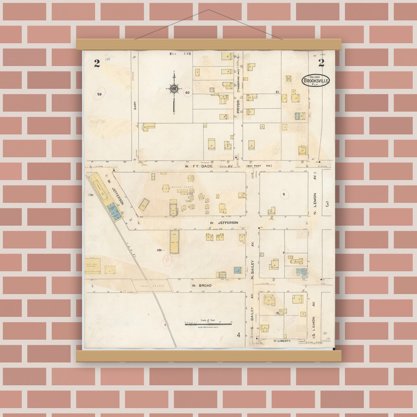 Old map wall art mockup — magnetic wood frame on brick wall — Sanborn Fire Insurance Map from Brooksville, Hernando County, Florida (1945), Sheet #0002