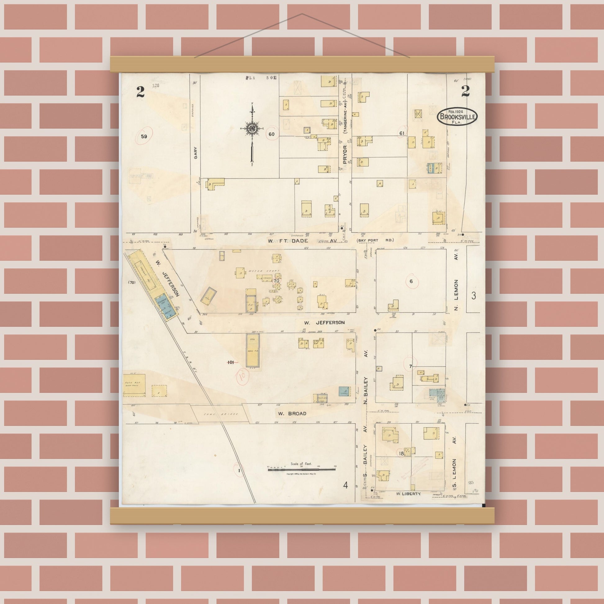 Old map wall art mockup — magnetic wood frame on brick wall — Sanborn Fire Insurance Map from Brooksville, Hernando County, Florida (1945), Sheet #0002
