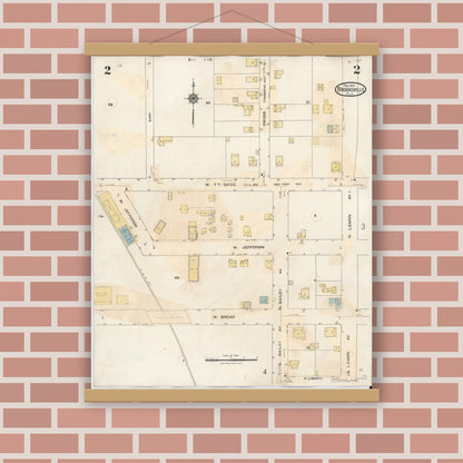 Old map wall art mockup — magnetic wood frame on brick wall — Sanborn Fire Insurance Map from Brooksville, Hernando County, Florida (1945), Sheet #0002