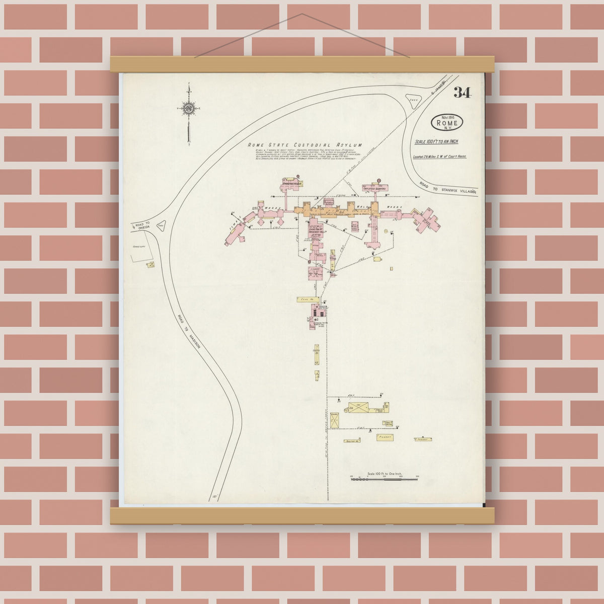 Old map wall art mockup — magnetic wood frame on brick wall — Sanborn Fire Insurance Map from Rome, Oneida County, New York (1914), Sheet #0034