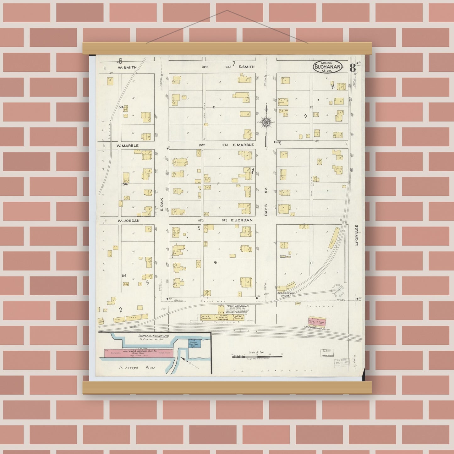 Old map wall art mockup — magnetic wood frame on brick wall — Sanborn Fire Insurance Map from Buchanan, Berrien County, Michigan (1917), Sheet #0008