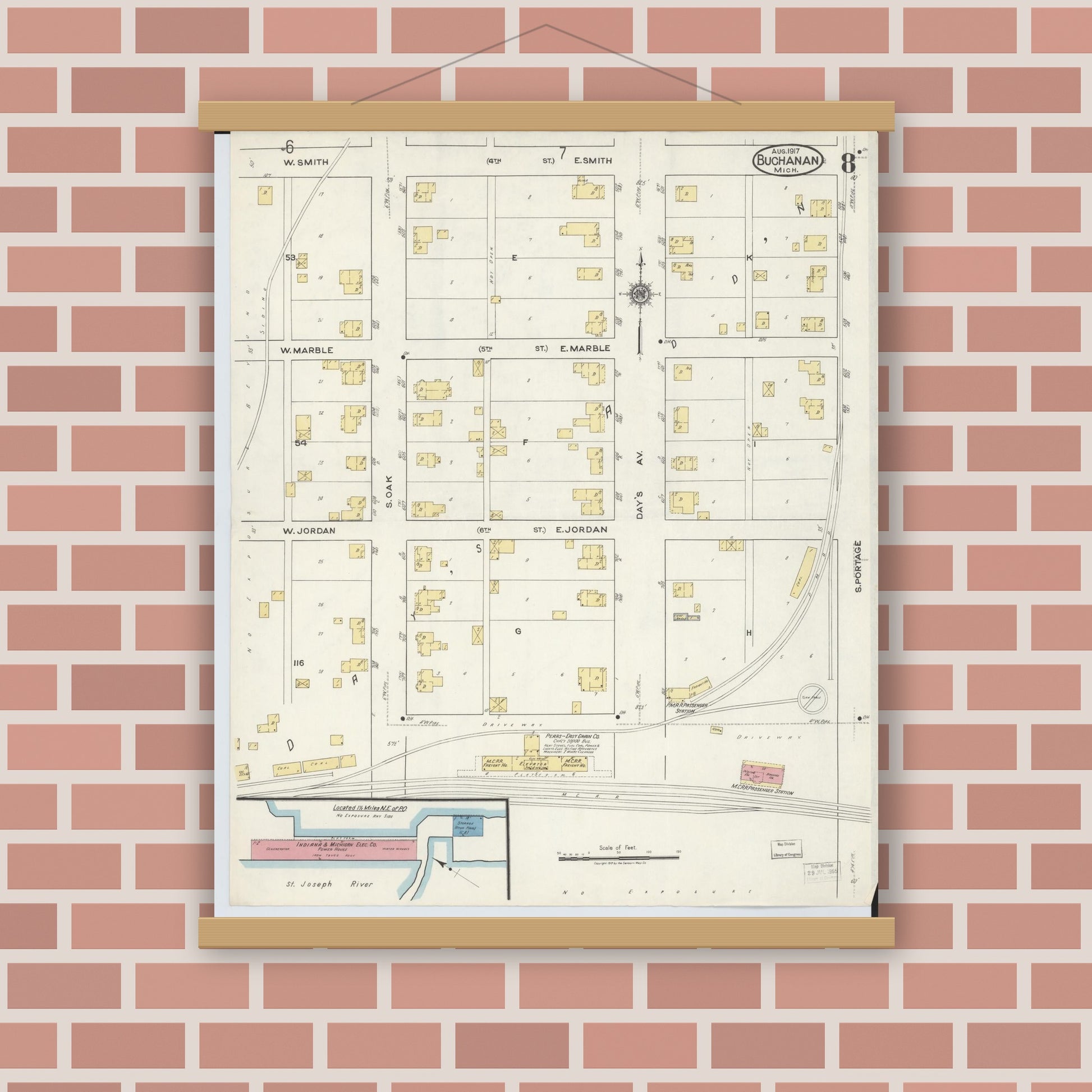 Old map wall art mockup — magnetic wood frame on brick wall — Sanborn Fire Insurance Map from Buchanan, Berrien County, Michigan (1917), Sheet #0008