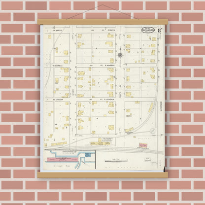 Old map wall art mockup — magnetic wood frame on brick wall — Sanborn Fire Insurance Map from Buchanan, Berrien County, Michigan (1917), Sheet #0008