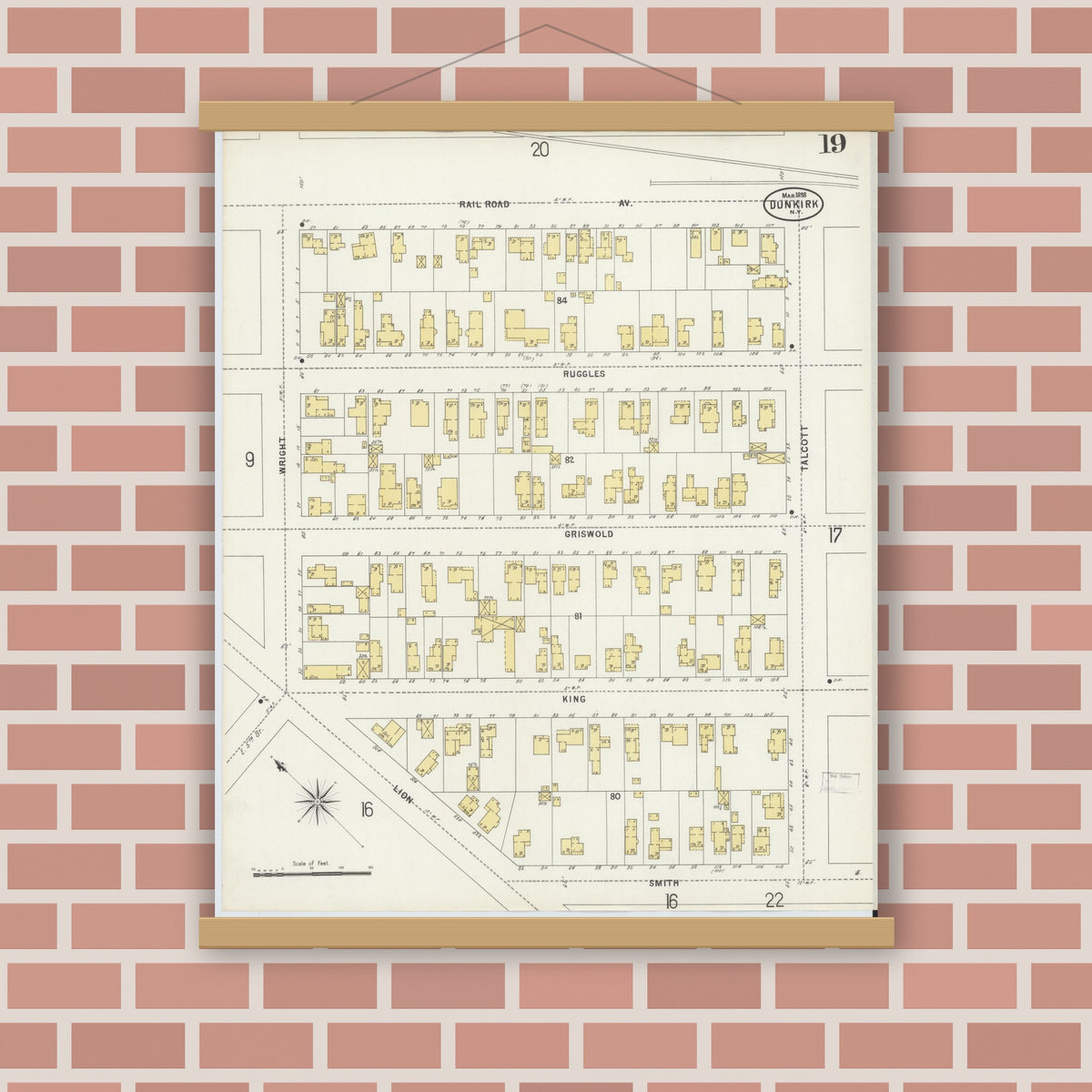 Old map wall art mockup — magnetic wood frame on brick wall — Sanborn Fire Insurance Map from Dunkirk, Chautauqua County, New York (1898), Sheet #0019