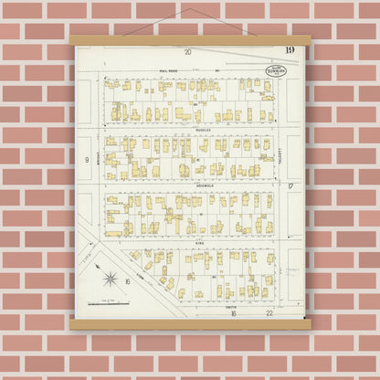 Old map wall art mockup — magnetic wood frame on brick wall — Sanborn Fire Insurance Map from Dunkirk, Chautauqua County, New York (1898), Sheet #0019