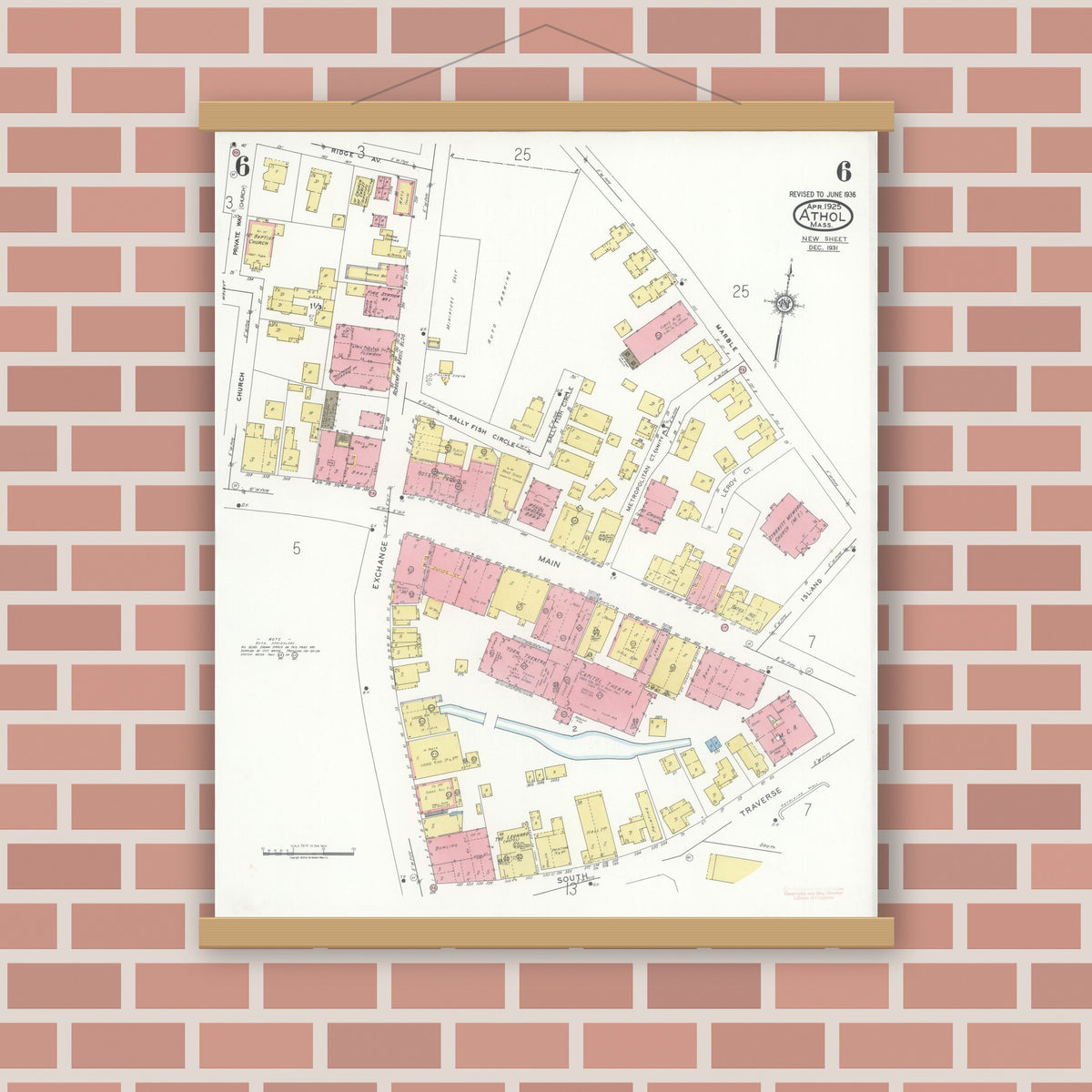 Old map wall art mockup — magnetic wood frame on brick wall — Sanborn Fire Insurance Map from Athol, Worcester County, Massachusetts (1936), Sheet #0006