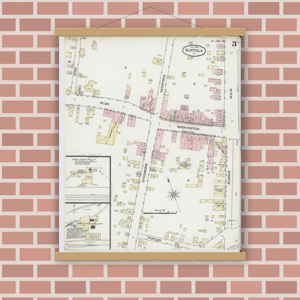 Old map wall art mockup — magnetic wood frame on brick wall — Sanborn Fire Insurance Map from Suffolk, Independent Cities, Virginia (1888), Sheet #0003