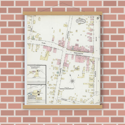 Old map wall art mockup — magnetic wood frame on brick wall — Sanborn Fire Insurance Map from Suffolk, Independent Cities, Virginia (1888), Sheet #0003