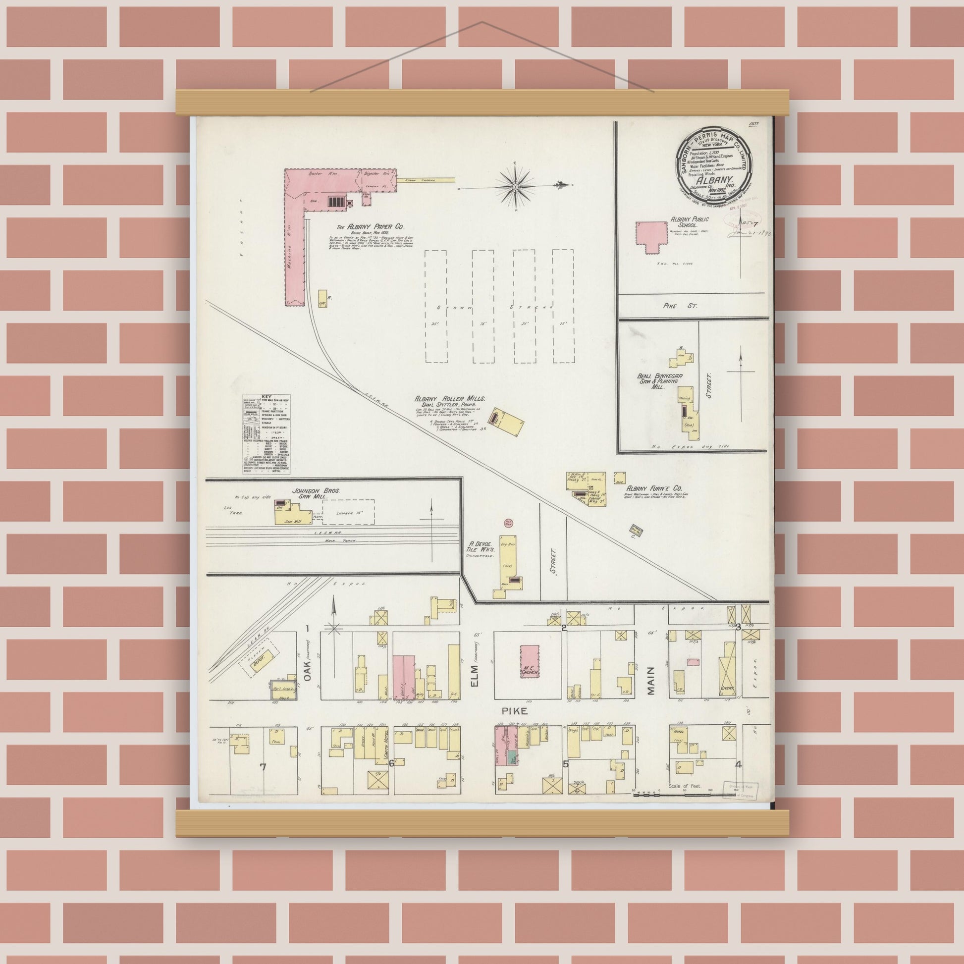 Old map wall art mockup — magnetic wood frame on brick wall — Sanborn Fire Insurance Map from Albany, Delaware County, Indiana (1892), Sheet #0001
