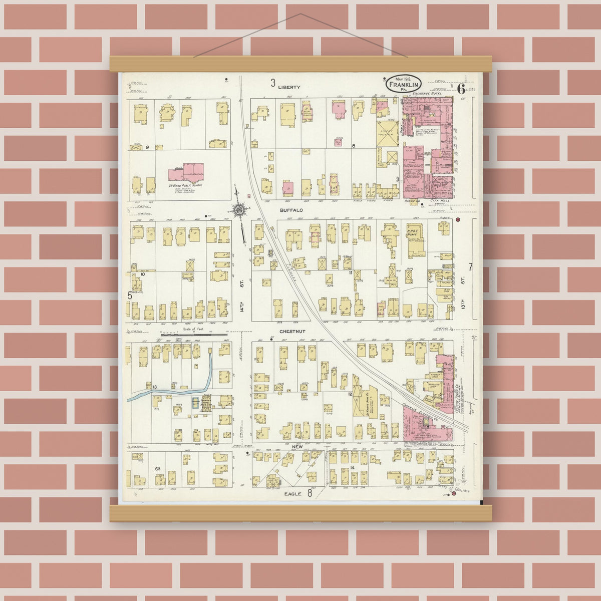 Old map wall art mockup — magnetic wood frame on brick wall — Sanborn Fire Insurance Map from Franklin, Venango County, Pennsylvania (1912), Sheet #0006