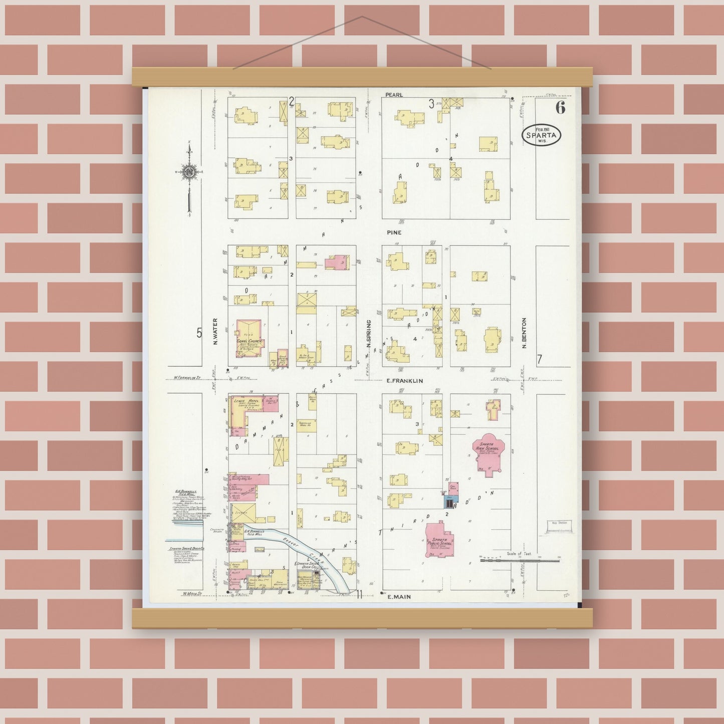 Old map wall art mockup — magnetic wood frame on brick wall — Sanborn Fire Insurance Map from Sparta, Monroe County, Wisconsin (1911), Sheet #0006