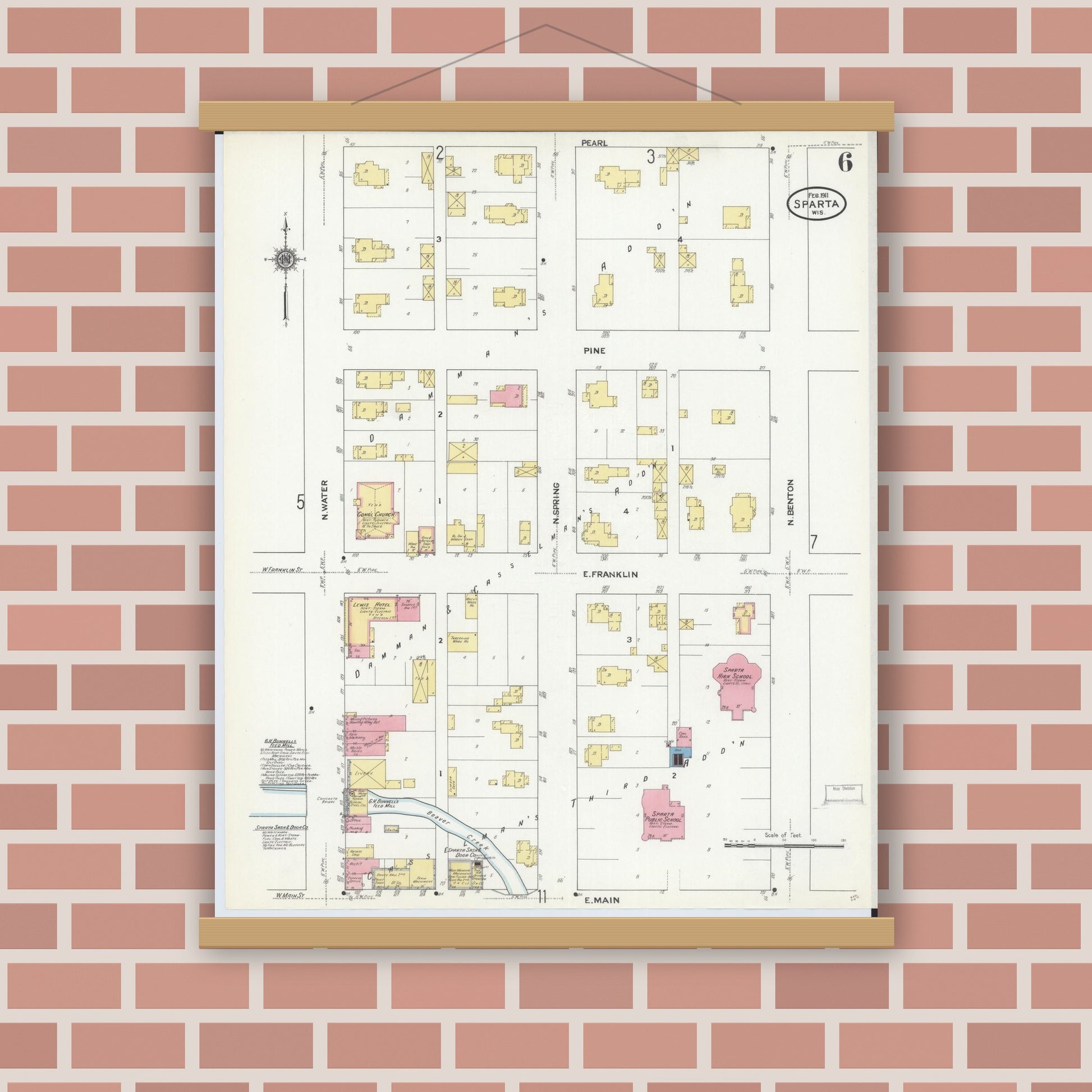 Old map wall art mockup — magnetic wood frame on brick wall — Sanborn Fire Insurance Map from Sparta, Monroe County, Wisconsin (1911), Sheet #0006