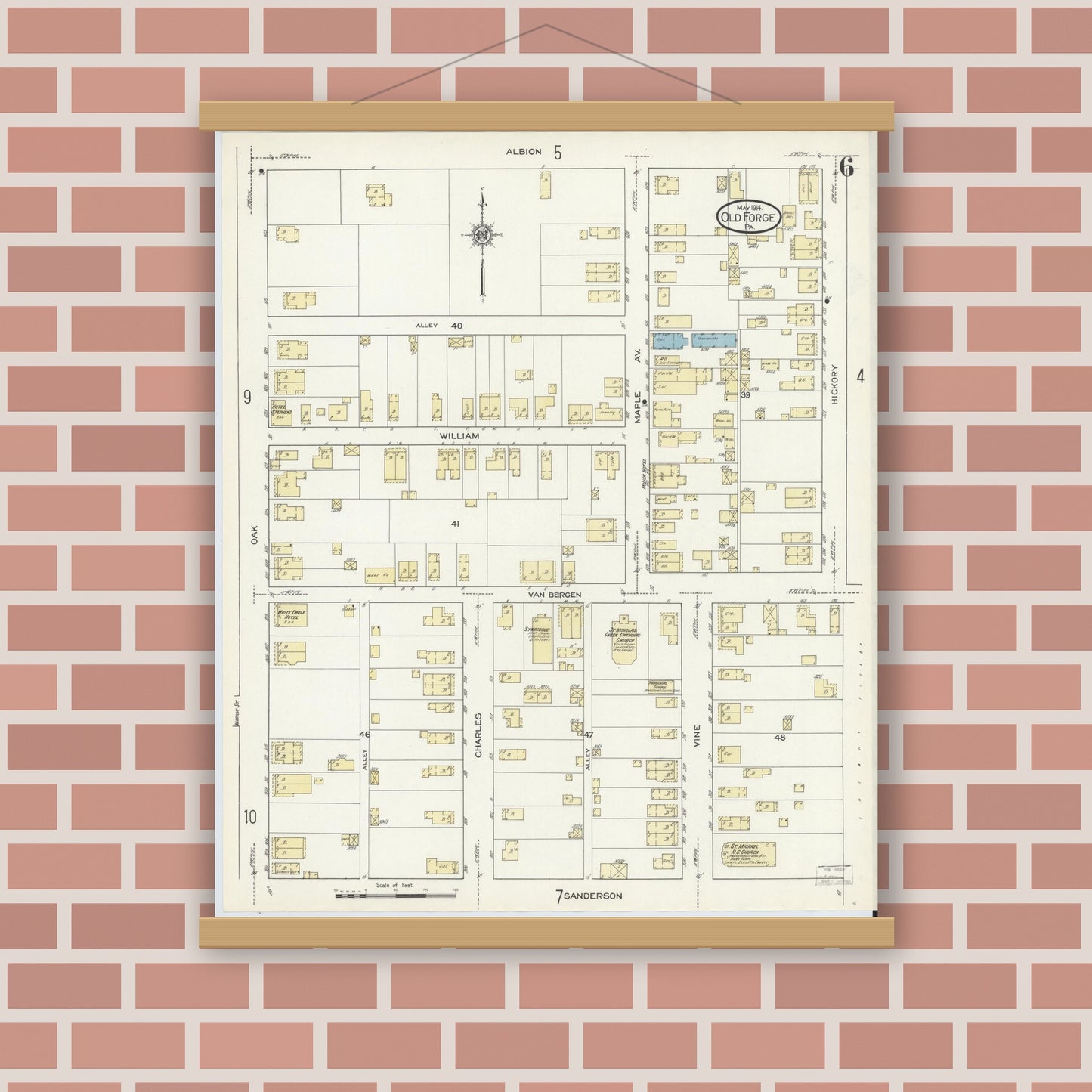 Old map wall art mockup — magnetic wood frame on brick wall — Sanborn Fire Insurance Map from Old Forge, Lackawanna County, Pennsylvania (1914), Sheet #0006
