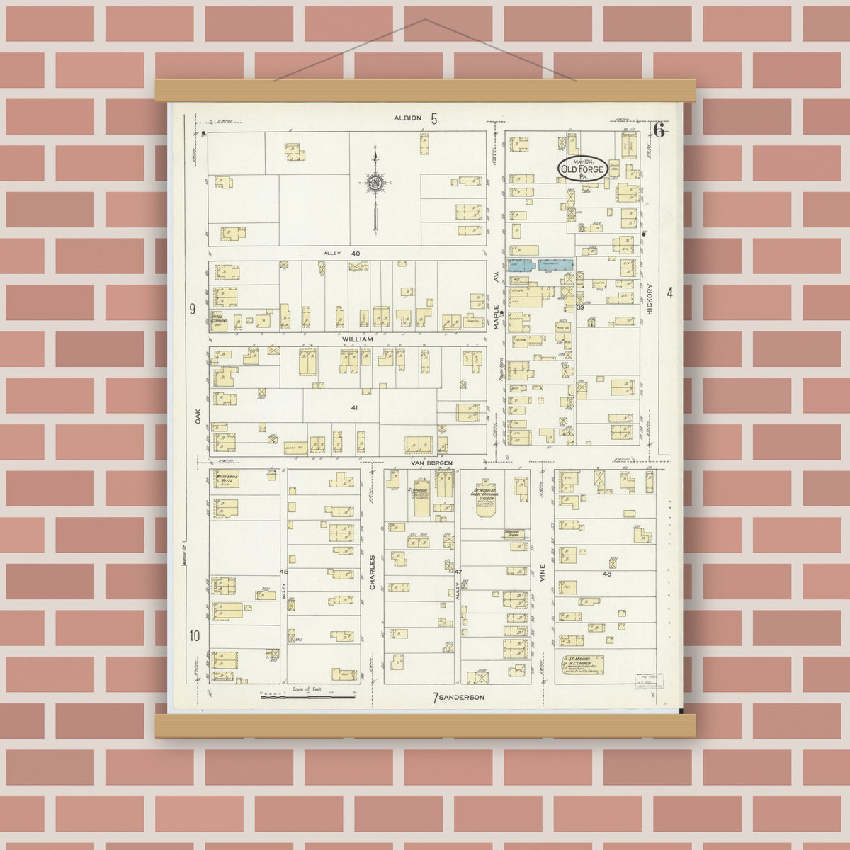 Old map wall art mockup — magnetic wood frame on brick wall — Sanborn Fire Insurance Map from Old Forge, Lackawanna County, Pennsylvania (1914), Sheet #0006