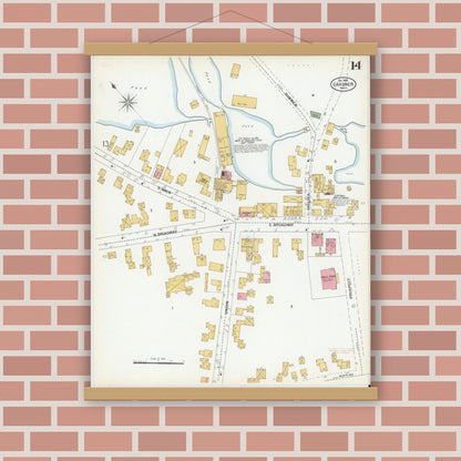 Old map wall art mockup — magnetic wood frame on brick wall — Sanborn Fire Insurance Map from Gardner, Worcester County, Massachusetts (1900), Sheet #0014