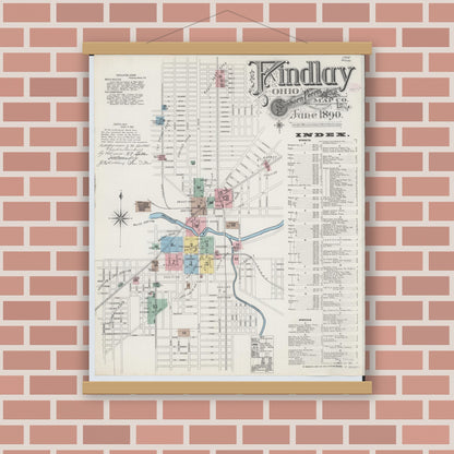 Old map wall art mockup — magnetic wood frame on brick wall — Sanborn Fire Insurance Map from Findlay, Hancock County, Ohio (1890), Sheet #0001