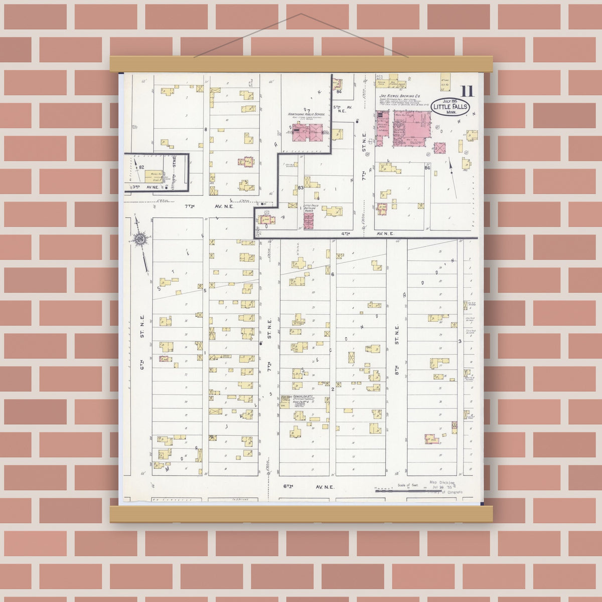 Old map wall art mockup — magnetic wood frame on brick wall — Sanborn Fire Insurance Map from Little Falls, Morrison County, Minnesota (1915), Sheet #0011