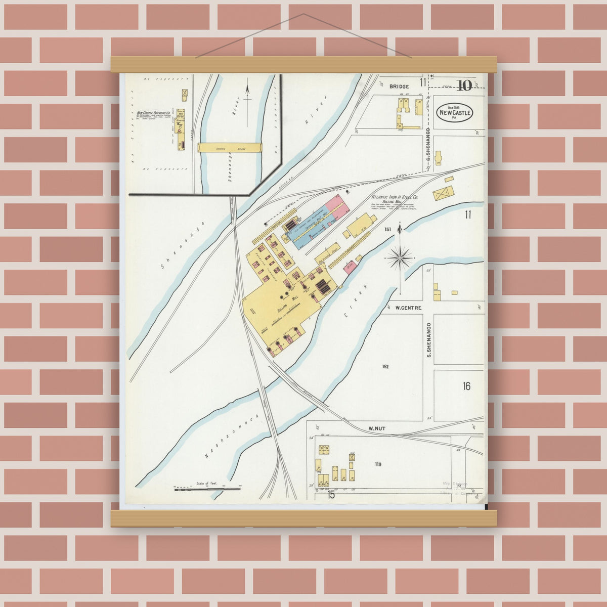 Old map wall art mockup — magnetic wood frame on brick wall — Sanborn Fire Insurance Map from New Castle, Lawrence County, Pennsylvania (1899), Sheet #0010