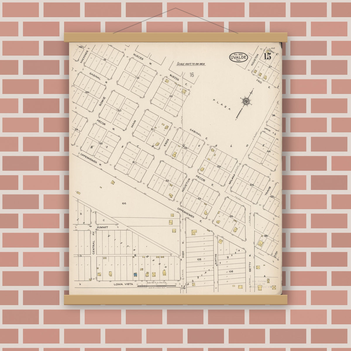 Old map wall art mockup — magnetic wood frame on brick wall — Sanborn Fire Insurance Map from Uvalde, Uvalde County, Texas (1922), Sheet #0015