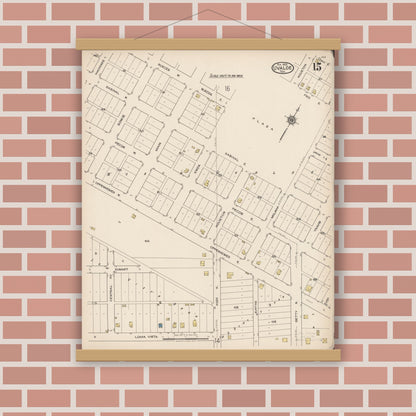 Old map wall art mockup — magnetic wood frame on brick wall — Sanborn Fire Insurance Map from Uvalde, Uvalde County, Texas (1922), Sheet #0015