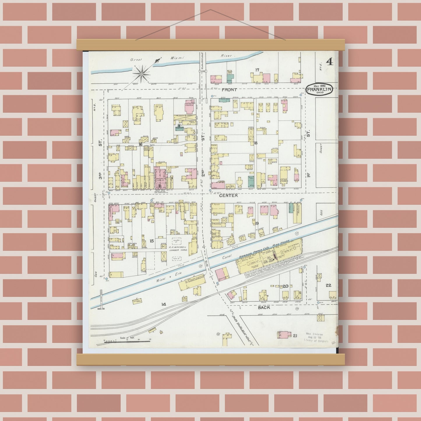 Old map wall art mockup — magnetic wood frame on brick wall — Sanborn Fire Insurance Map from Franklin, Warren County, Ohio (1892), Sheet #0004