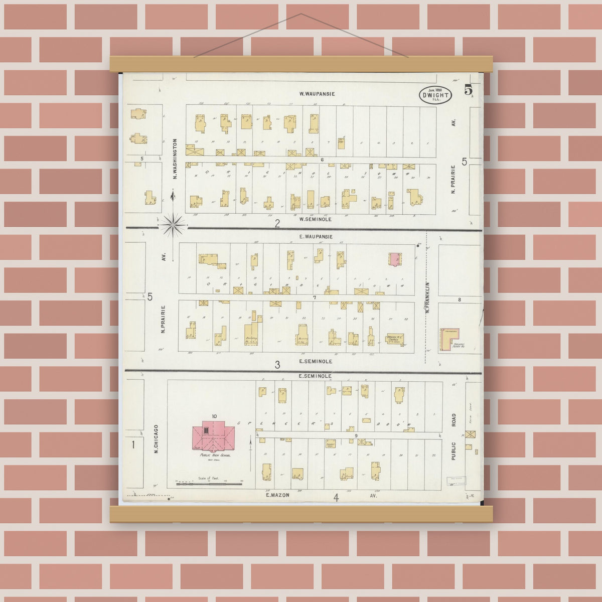 Old map wall art mockup — magnetic wood frame on brick wall — Sanborn Fire Insurance Map from Dwight, Livingston County, Illinois (1898), Sheet #0005