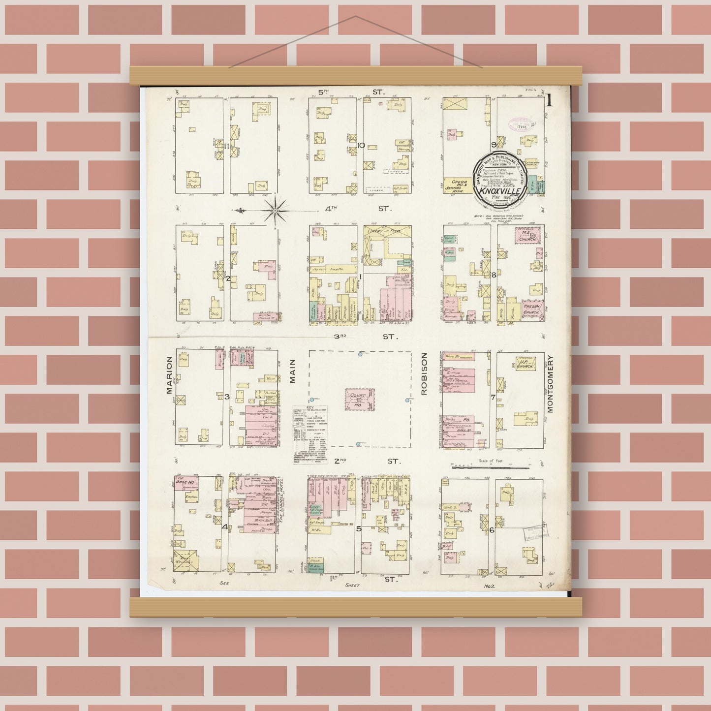Old map wall art mockup — magnetic wood frame on brick wall — Sanborn Fire Insurance Map from Knoxville, Marion County, Iowa (1886) â€” Complete Set