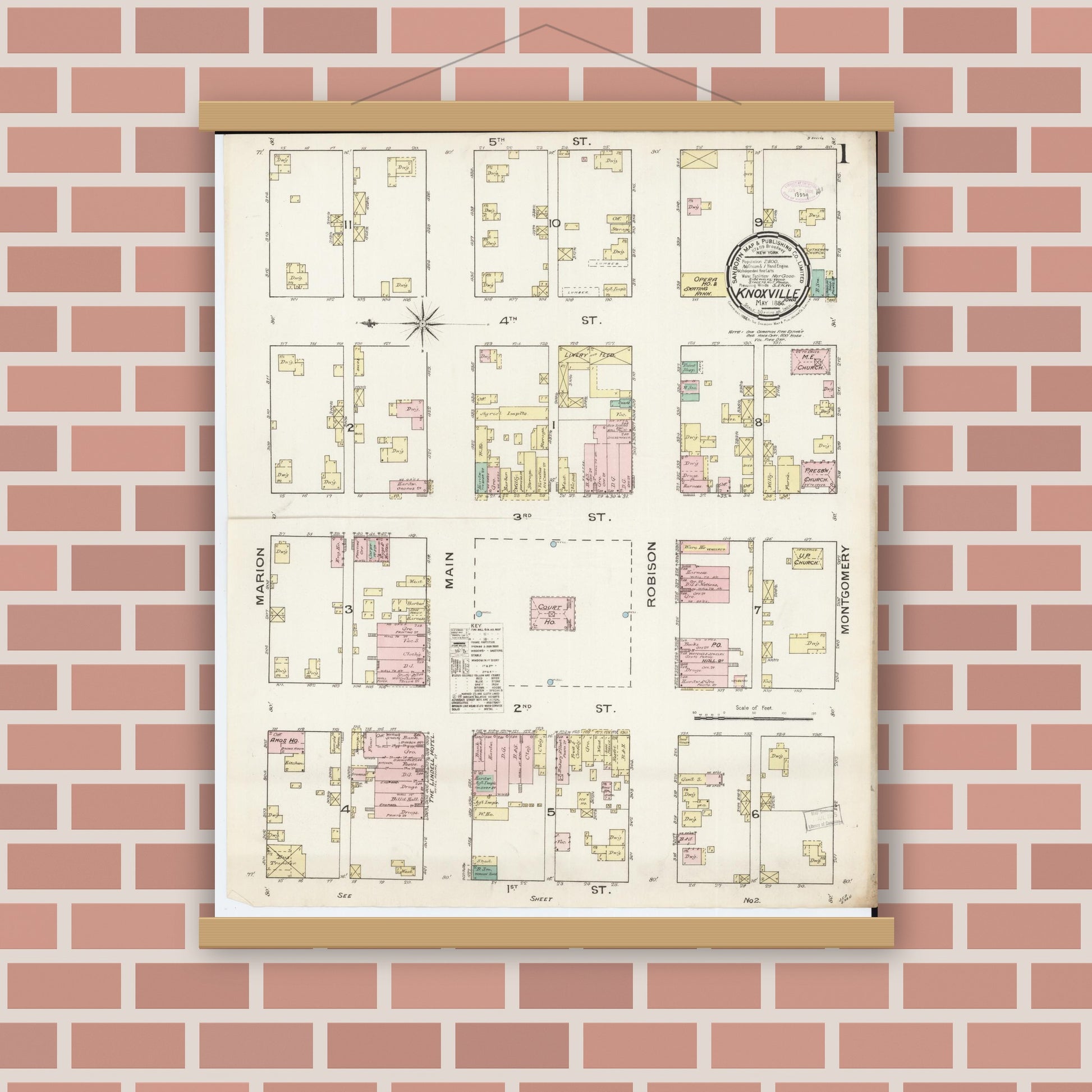 Old map wall art mockup — magnetic wood frame on brick wall — Sanborn Fire Insurance Map from Knoxville, Marion County, Iowa (1886) â€” Complete Set