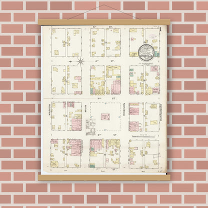 Old map wall art mockup — magnetic wood frame on brick wall — Sanborn Fire Insurance Map from Knoxville, Marion County, Iowa (1886) â€” Complete Set