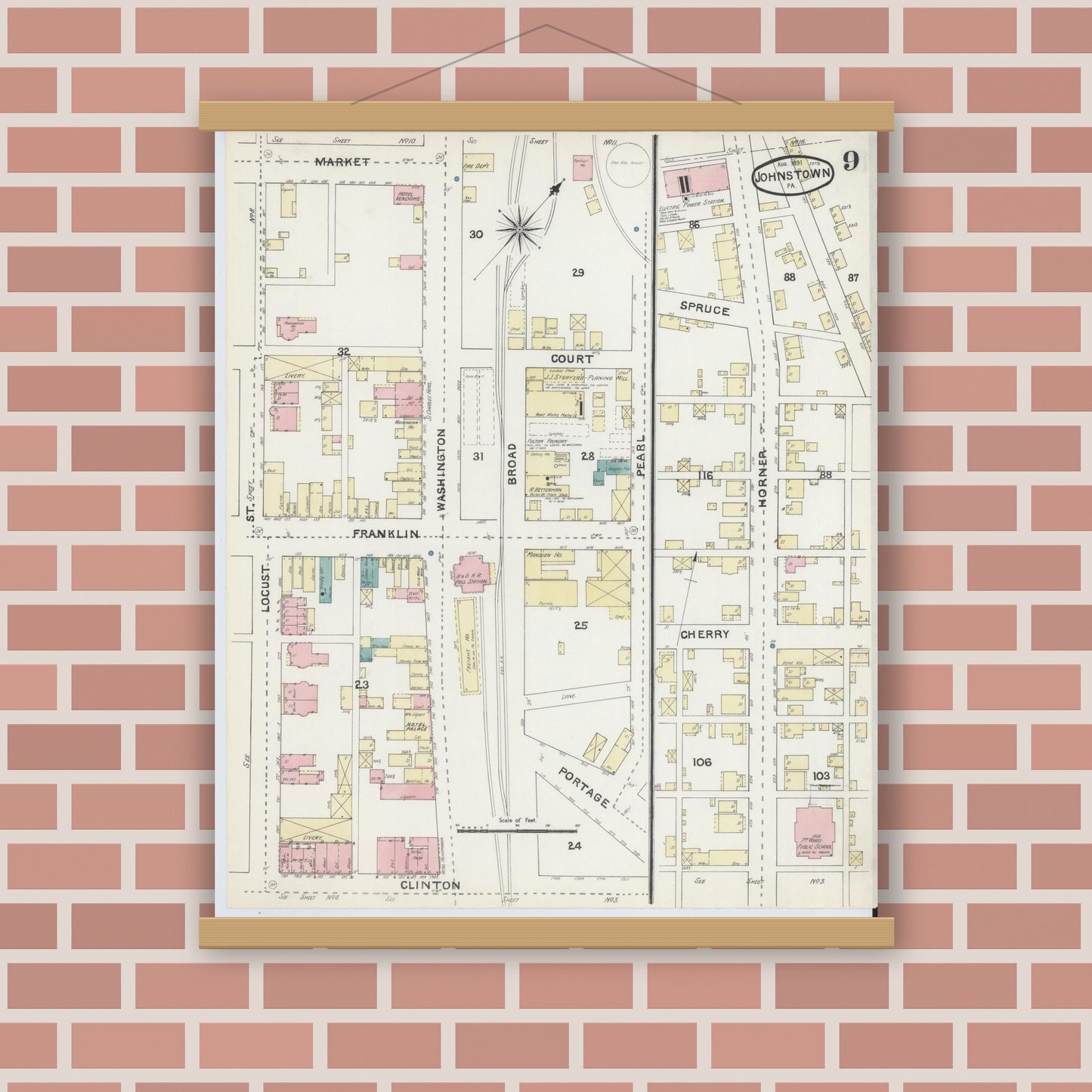 Old map wall art mockup — magnetic wood frame on brick wall — Sanborn Fire Insurance Map from Johnstown, Cambria County, Pennsylvania (1891), Sheet #0009