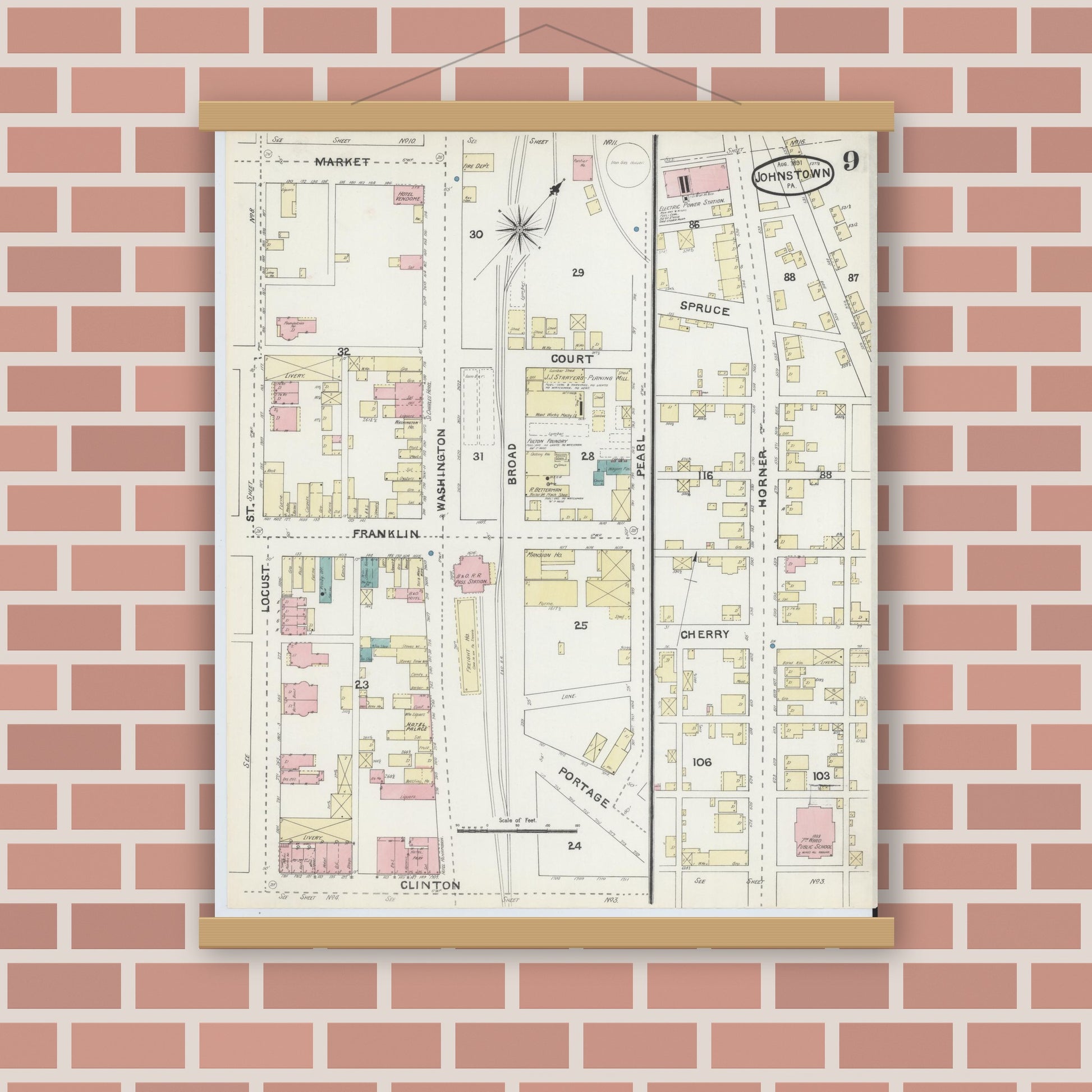 Old map wall art mockup — magnetic wood frame on brick wall — Sanborn Fire Insurance Map from Johnstown, Cambria County, Pennsylvania (1891), Sheet #0009