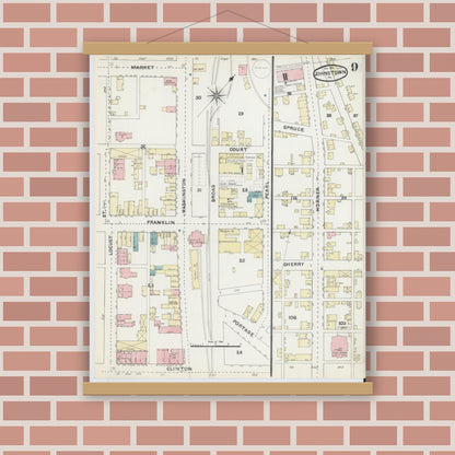 Old map wall art mockup — magnetic wood frame on brick wall — Sanborn Fire Insurance Map from Johnstown, Cambria County, Pennsylvania (1891), Sheet #0009