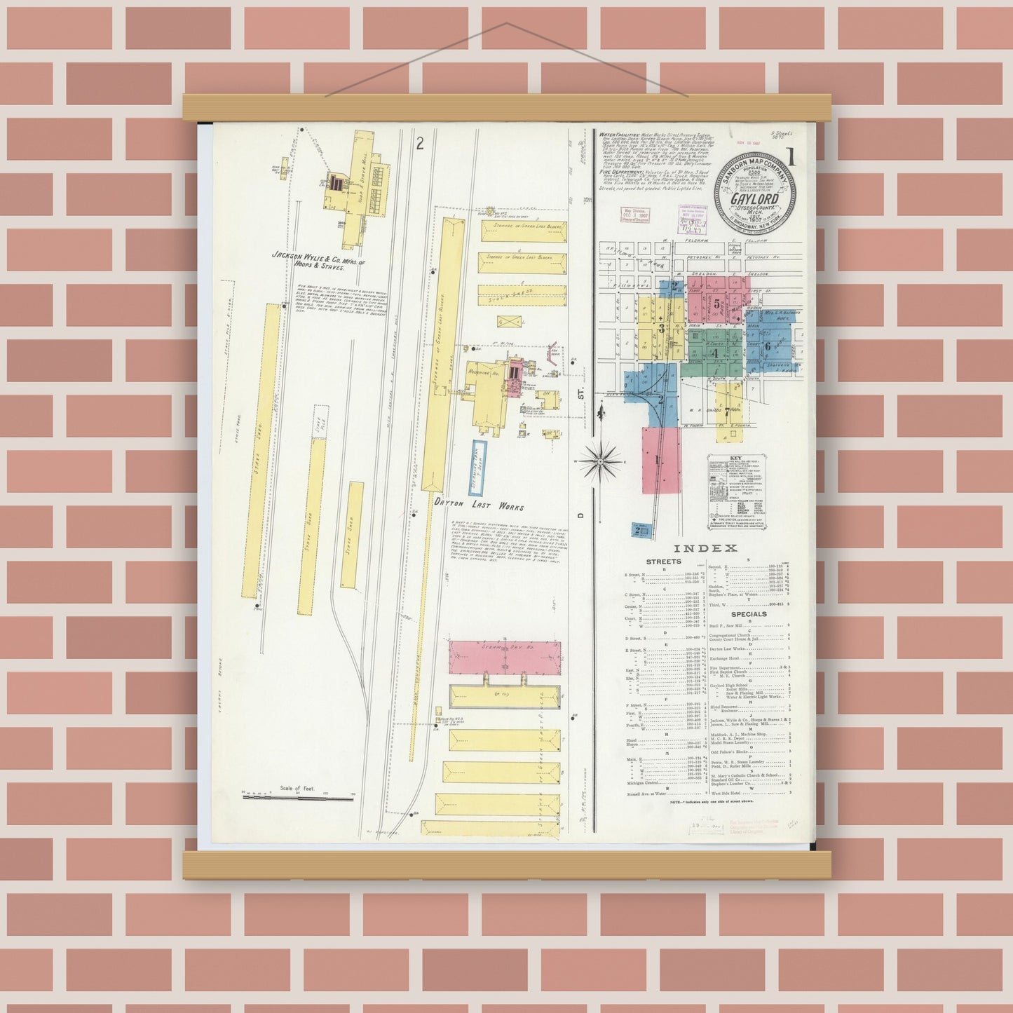 Old map wall art mockup — magnetic wood frame on brick wall — Sanborn Fire Insurance Map from Gaylord, Otsego County, Michigan (1907) - Complete Map Set