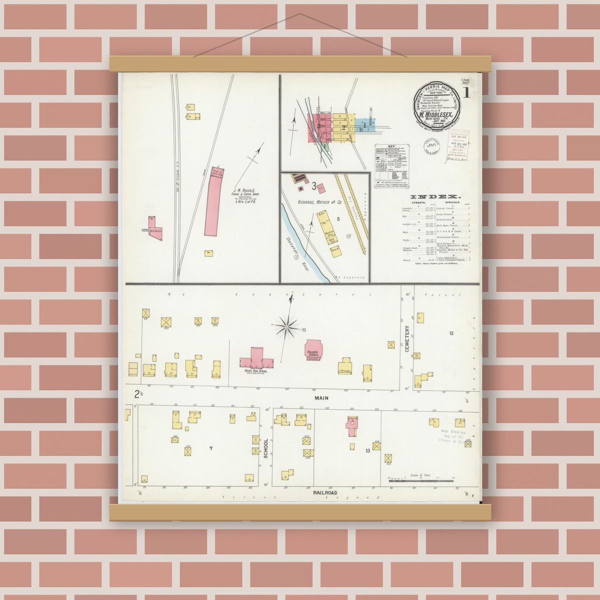 Old map wall art mockup — magnetic wood frame on brick wall — Sanborn Fire Insurance Map from West Middlesex, Mercer County, Pennsylvania (1900), Sheet #0001