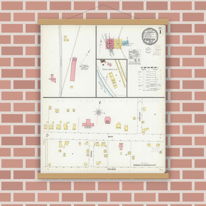 Old map wall art mockup — magnetic wood frame on brick wall — Sanborn Fire Insurance Map from West Middlesex, Mercer County, Pennsylvania (1900), Sheet #0001