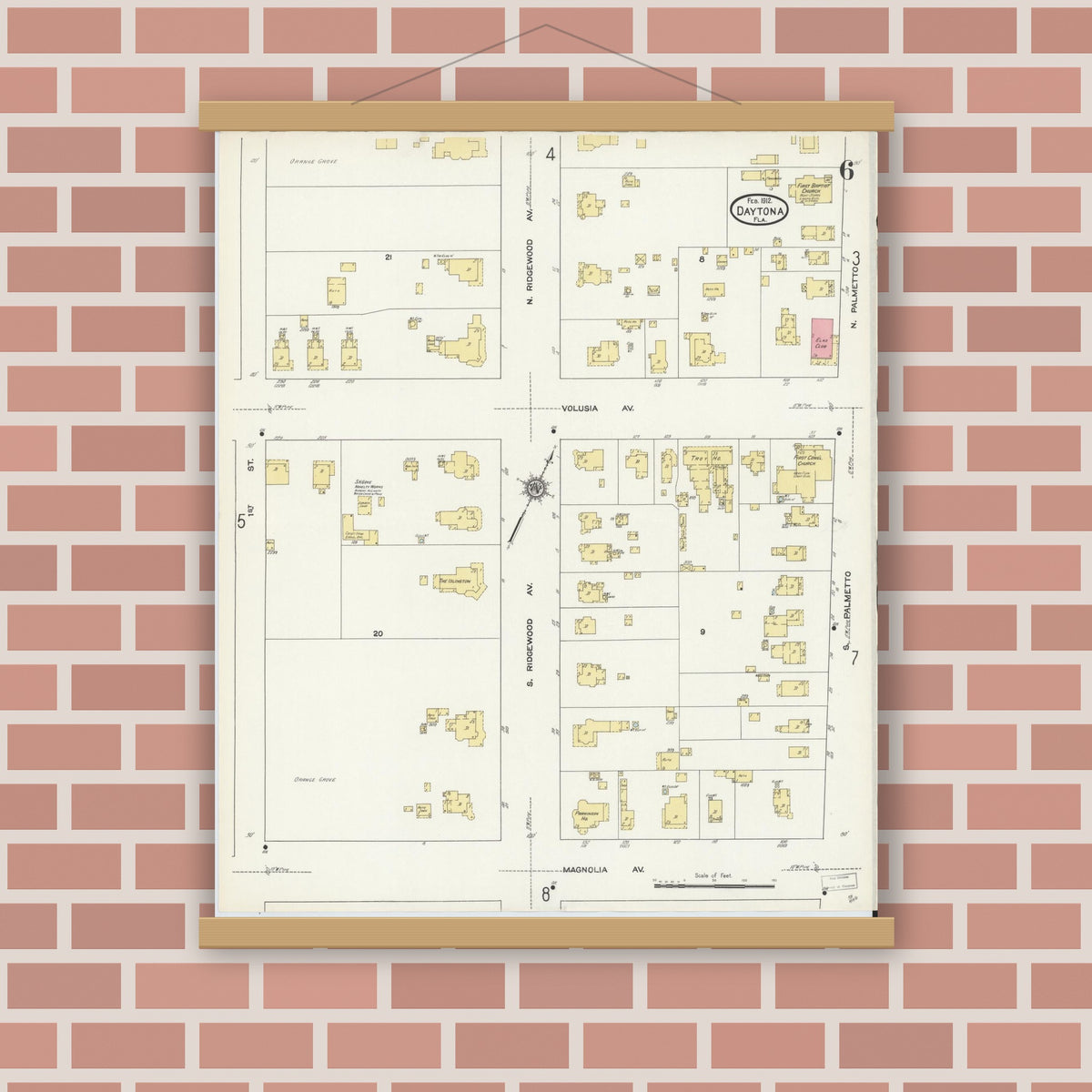 Old map wall art mockup — magnetic wood frame on brick wall — Sanborn Fire Insurance Map from Daytona, Volusia County, Florida (1912), Sheet #0006